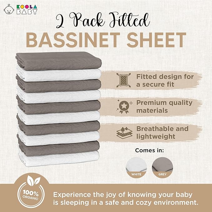 Bassinet Fitted Sheets - Compatible with Amke, Ronbei, Pamobabe, and Nordmiex | 100% Organic Muslin Cotton - White + Grey | 32x19 (2 Pack)
