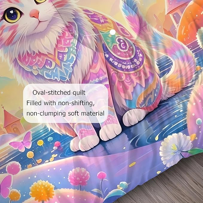 Rainbow Cat Bedding Set: King Size Cat Print Comforter Set Ethnic Kitten Castle Quilts for Women Adults Teens Couple Colorful Feline Butterflies Floral Pet Bed Set 3 Piece