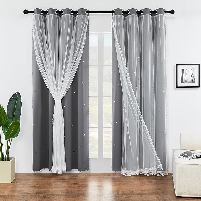 XiDi Star Curtains for Bedroom,Curtains for Girls Bedroom Decor,Kids Curtains 2 Panel Set,Blackout Curtains for Living Room Curtains 63 inches Long 2 Panel Grey