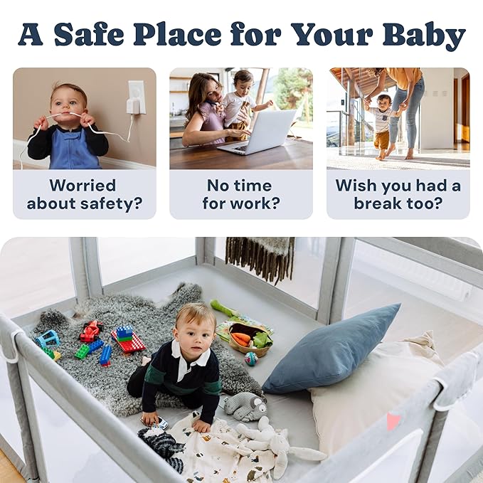 Todale Baby Playpen - 79 x 70 in, Gray - Foldable & Collapsible Playpen Yard with Mesh Panels & Safety Gate - Adjustable Extra Large Play Area for Babies & Toddlers