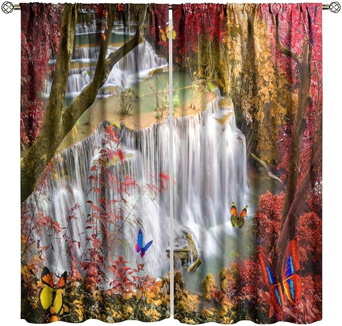 Landscape Blackout Curtains, Nature Forest Waterfall Butterfly Scenery Pattern Rod Pocket Window Drapes, for Bedroom Living Room 63" W X 72" L