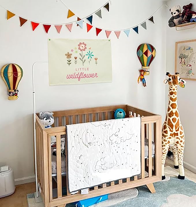 Nursery Wall Decor-Hanging Rectangular Canvas Banner Flag Poster Wall Decoration for Baby Kids Girl Boy Teen,Nursery Bedroom Playroom Decor,Baby Shower Christmas Gift Little Wildflower 28.5"L×20"W