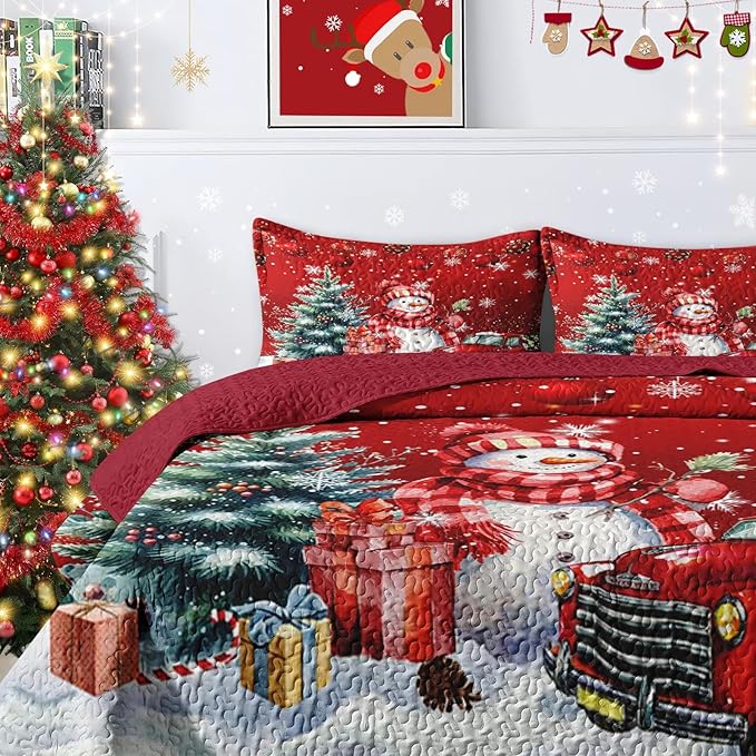 Christmas King Size Quilt Set, Red Cute Snowman Lightweight Bedspread Coverlet with Pillow Shams for Kids and Adults, Farmhouse Truck Snow 3 Pcs Bedding Bed Cover
