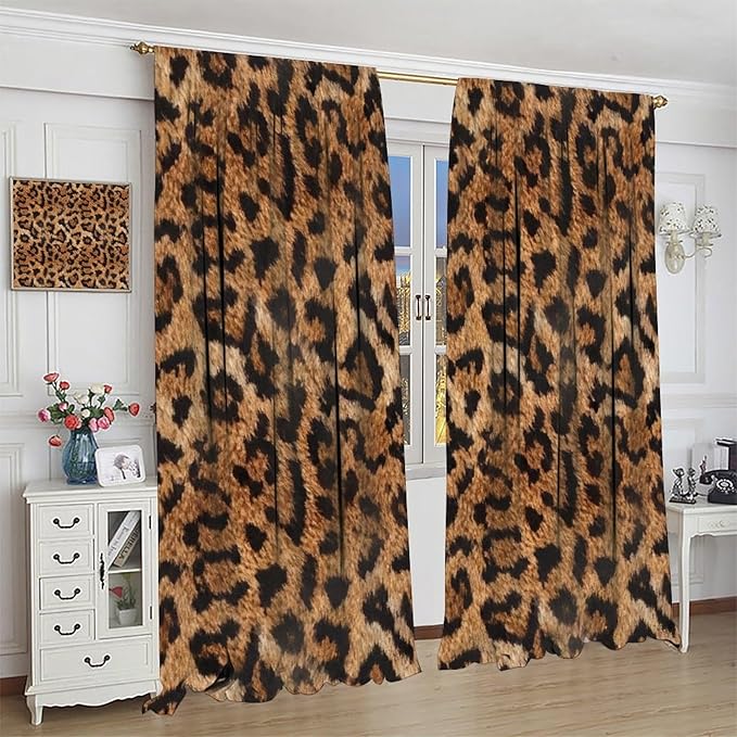 Leopard Print Window Curtains, Animal Fur Skin Brown Farmhouse Wild 3D Rustic Safari Theme Window Treatments for Kids Bedroom Living Room 63" W X 63" L