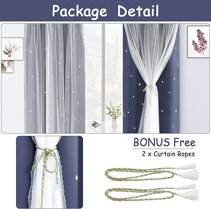 Kinryb Kids Blackout Curtains for Bedroom/Living Room/Classroom, Sheer Overlay 2 Free Tiebacks, Double Layer Curtains with Star Cutout for Kids Room(Each Piece W70xL72 Inches 2 Pcs Stone Blue)