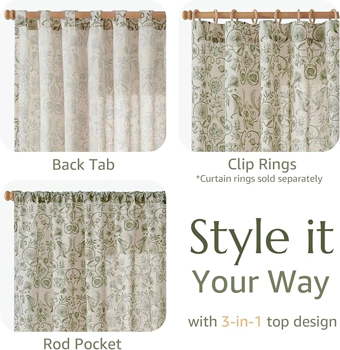 jinchan Linen Floral Curtains for Living Room with Printed Flower 84 Inches Long Light Filtering Farmhouse Window Treatment Vintage Drapes Back Tab Rod Pocket 2 Panels Green on Beige