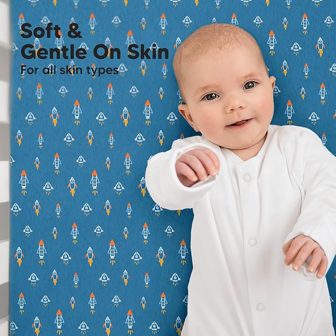 KeaBabies 2-Pack Organic Crib Sheets for Boys, Girls - 52x28 Fitted Crib Mattress Sheet Neutral, Breathable Jersey Cotton Cover for Baby Bed, Toddler Mattress, Soft & Cute Prints (Space Quest)