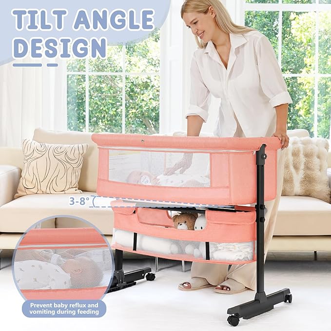 3 in 1 Bassinet Bedside Sleeper, Baby Bassinets Bedside Sleeper with Wheels, Breathable Mesh, Adjustable Height, Storage Basket, Easy Assemble & Folding (Pink)