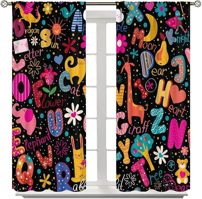 Cartoon Alphabet Curtains Funny Education Animal Giraffe Curtain with Rod Pocket for Bedroom Living Room Home Decor Drapes Thermal Insulated Window Treatments 2 Panels Set 84" W X 84" L