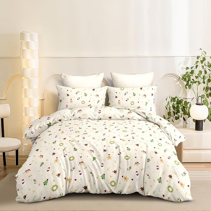 Christmas Duvet Cover King Size Gingham Red Bow Christmas Tree Bedding Set Kids Boys Girls Plaid Heart Xmas Holiday Reversible Comforter Cover 3 Pieces with Zipper Closure (No Comforter)