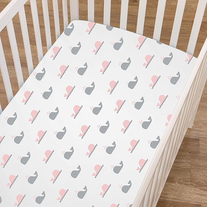 American Baby Company 2 Pack 100% Natural Cotton Fitted Mini Crib Sheets 38" x 24" - Soft & Breathable Small Nesting Portable Sheets, Fits Pack N Play Mattresses, Pink Whale/Zigzag, for Boys & Girls