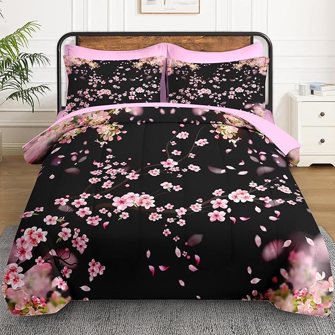 7 Pcs King Size Comforter Set with 2 Pillowcases & 2 Shams, Tree Flower Floral Bedding for Kids and Adults, Pink Cherry Blossom Bed in a Bag with Flat Fitted Sheet