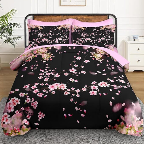 7 Pcs King Size Comforter Set with 2 Pillowcases & 2 Shams, Tree Flower Floral Bedding for Kids and Adults, Pink Cherry Blossom Bed in a Bag with Flat Fitted Sheet
