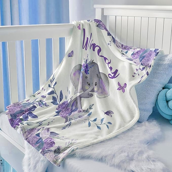 Ship Next Day, Custom Baby Boy Girls Blanket with Name, Personalized Receiving Blankets for Boys Girls, Newborn Swaddle Blankets, Customized Elephant Blanket for Baby Shower Birthday