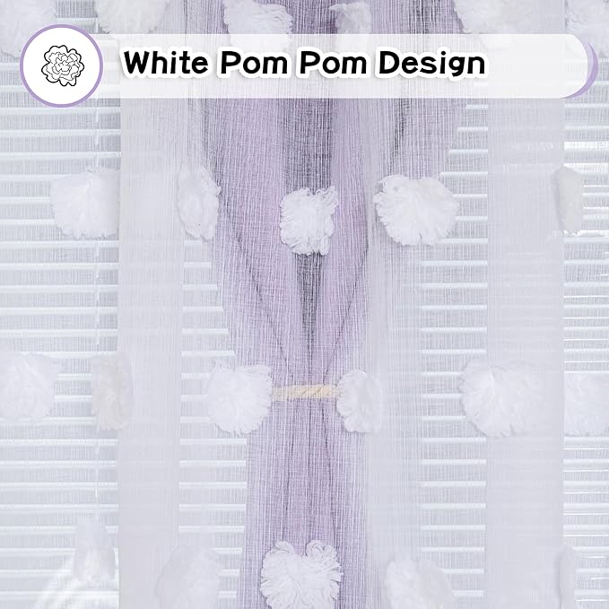 MYSKY HOME Light Blocking Lilac Curtains for Living Room White Sheer Pom Pom Kids Room Decor Drapes 108 Inches Long Double Layer Curtain for Sliding Door Grommet Window Panels Set of 2 52" x 108"
