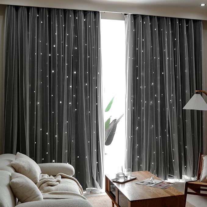 Kinryb Kids Blackout Curtains for Bedroom/Living Room/Classroom, Sheer Overlay 2 Free Tiebacks, Double Layer Curtains with Star Cutout for Kids Room(Each Piece W 70 x L 95 Inches 2 Pcs Black)