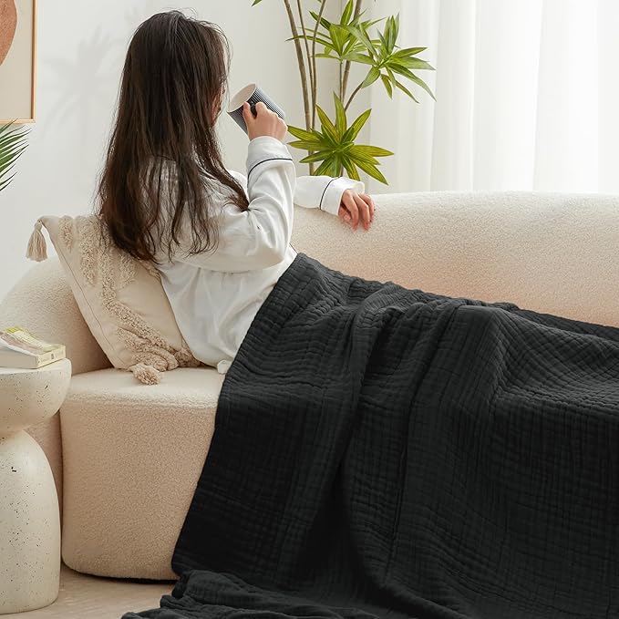 Love's cabin 6 Layer 100% Cotton Muslin Blanket, 60"x80" Twin Muslin Blanket for Couch Bed, Lightweight and Breathable Cotton Gauze for Adult, Black