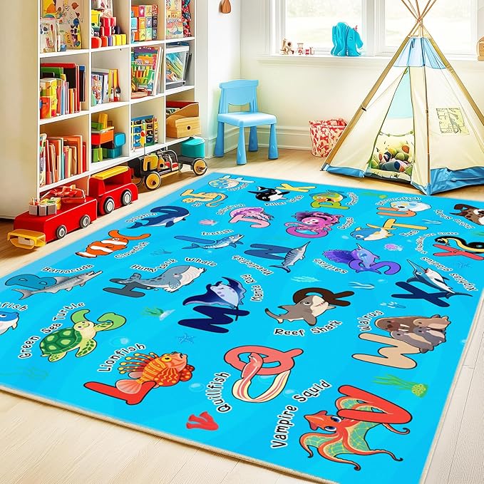 Kids Rugs for Playroom, 5x7 Feet Educational Rug for Learn The ABC Alphabet, Soft Machine Washable Non-Slip Cute Marine Organisms Carpet for Classroom Toddler Nursery Kids Room Decor, Blue