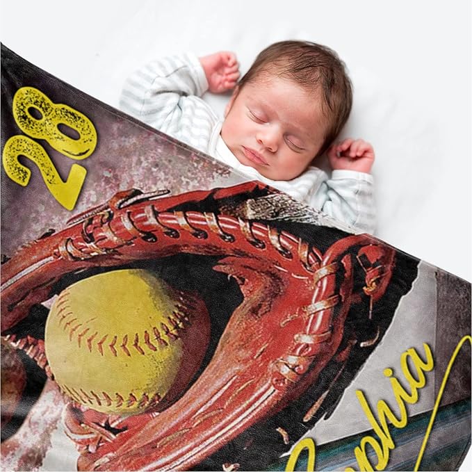 Baby Kids Personalized Baseball Blanket - Custom Name and Number - Soft Warm and Fluffy Flannel Fabric Gift for Sports lovers40x50inch