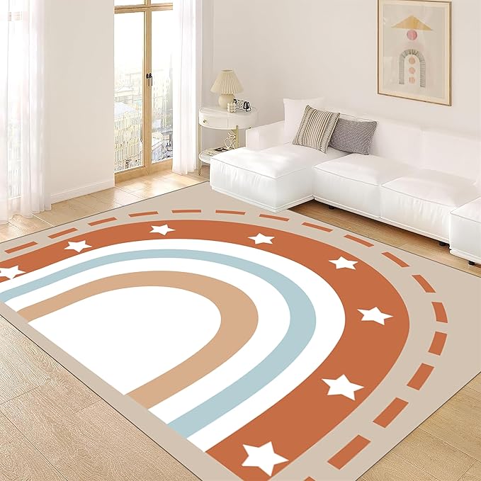 Machine Washable Rainbow Rugs Bedroom Fluffy Plush Soft Area Rugs Star Rainbow Patterns Living Room Non-Slip Indoor Flooring Kids Girls Boys Home Decor Aesthetics 3x4ft