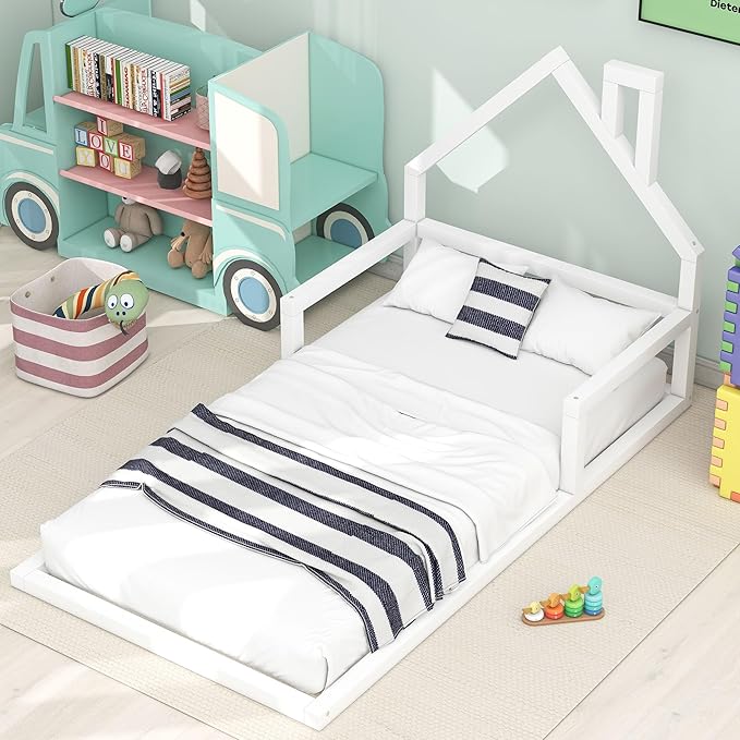 Harper & Bright Designs Twin Size Floor Bed with House Shaped Headboard, Montessori Floor Bed for Kids, Solid Wood Low Bed Frame for Bedroom, Playroom, Wooden Slats Support, White