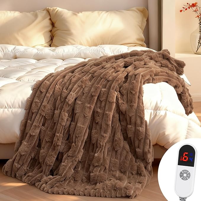 Heated Throw Blanket 50"x60", Electric Blanket with Bamboo Pattern, Luxury Faux Rabbit Fur&Soft Flannel, 6 Heat Settings, 1-4 Hour Auto Shut-Off, Throw Blanket for Couch, Machine Washable, Dark Brown
