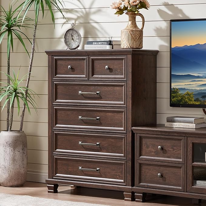 Farmhouse Bedroom Dresser and Nightstand Set of 4, 6 Drawer Tall & 5 Drawers Dresser & 2 Drawer Nightstand Set, Rustic Wood Furniture Set for Bedroom, Hallway, Walnut