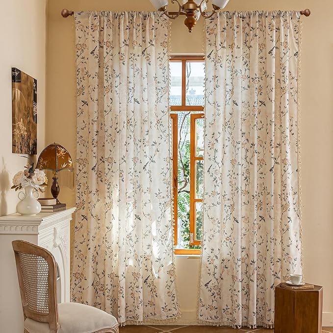 ENJOYBRIDAL Floral Curtains 96 Inches Long 2 Panels Farmhouse Rod Pocket Drapes for Bedroom Boho Cute Rustic Window Curtain Panels Living Room Semi Sheer Cottage Vintage Window Treatments