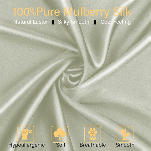 100% Mulberry Silk Pillowcase 2 Pack for Hair and Skin,with Hidden Zipper,Both Sides 22 Momme Natural Silk Pillow Cover,Soft Breathable & Smooth (Matcha, King)