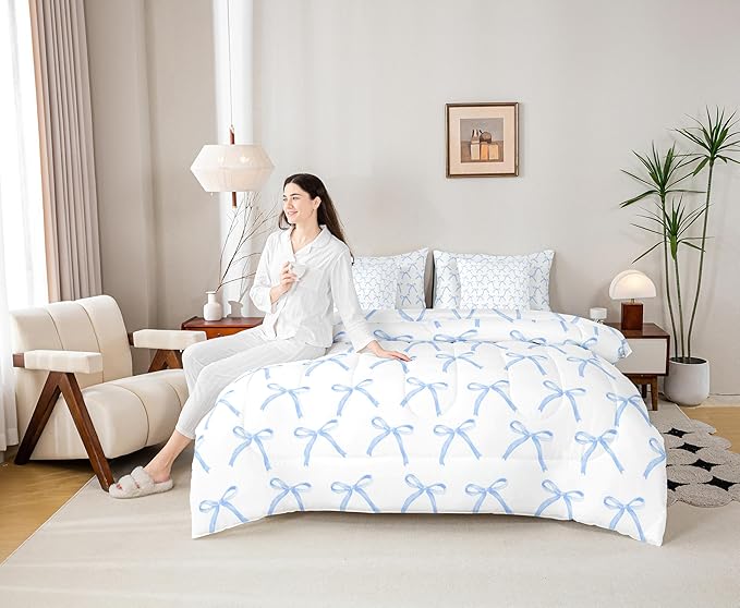 7 Pieces Cartoon Bowknot Kids Comforter Queen Size,Bow Tie Knot Geometric Patchwork Fashion Bedding Set,Hand-painted Sketch Blue Noble（Comforter+Fitted+Flat+2 Pillowcases+2 Throw Pillow Covers）