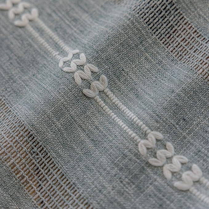 ENJOYBRIDAL Boho Curtains 63 Inch Length 2 Panels Semi Sheer Blue Grey Drapes Embroidered Tassel Rod Pocket Short Hollow Out Window Curtain Panels Farmhouse Window Treatment for Bedroom Living Room