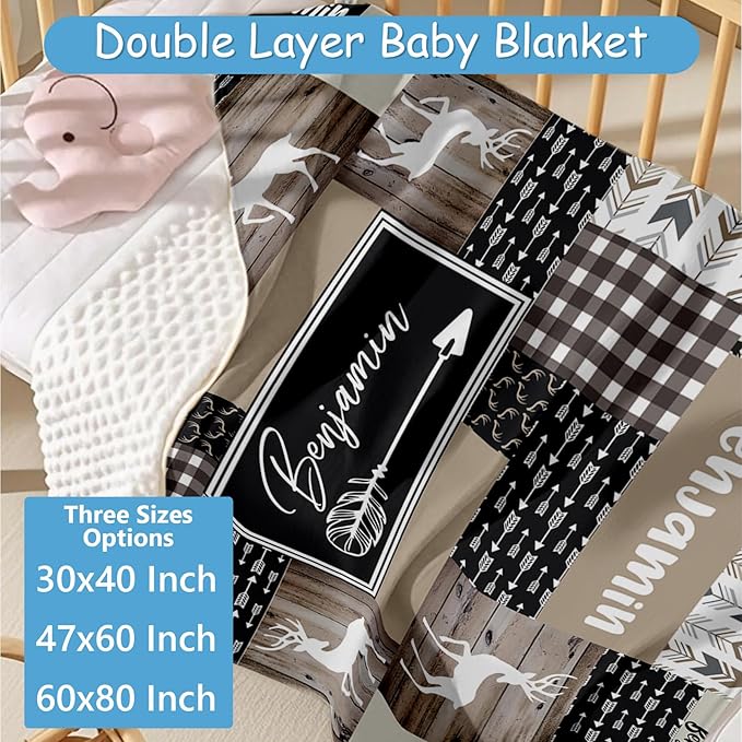 Custom Crib Bedding Set for Boys, 5 Pcs Personalized Woodland Deer Crib Set with Name, Double Layer Nursery Bedding Sets for Infant Toddlers Kids, Baby Blanket, Newborn Infant Customized Gift