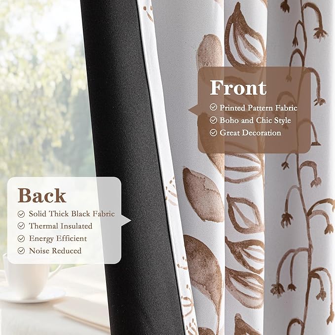MEETSKY Blackout Curtains 84 Inches Long Leaves Patterned Farmhouse Thermal Insulated Privacy Protection Drapes with Rod Pocket Back Tab for Bedroom Living Room, 2 Panels, 50" Wide, Khaki