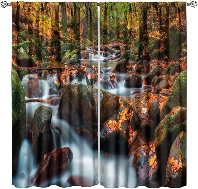 Autumn Waterfall Blackout Windows Curtains, Nature Autumn Forest Farmhouse Window Drapes, for Living Room Bedroom 72" W X 63" L