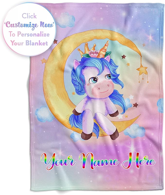 Personalized Unicorn Blanket for Girls | Kids Rainbow Unicorn | Custom Plush Fuzzy Unicorns for Toddler | Customized Little Girl Throw Blankets | Girl Sofa Bed Birthday | Fleece 30x40