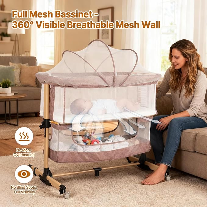 Baby Bassinet Bedside Sleeper, 3-in-1 Bedside Bassinet, 5 Height Adjustable Rocking Baby Crib, Breathable Full Mesh, Mosquito Net, Storage Basket, Stable and Secure Bassinets for Newborn Infant
