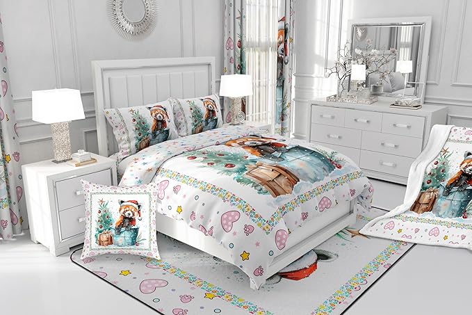 Feelyou Christmas Duvet Cover Set Xmas Tree Bedding Set for Kids Boys Girls Red Panda Love Print Comforter Cover Cute Animal Quilt Cover Room 3Pcs King Size,Zipper,No Comforter