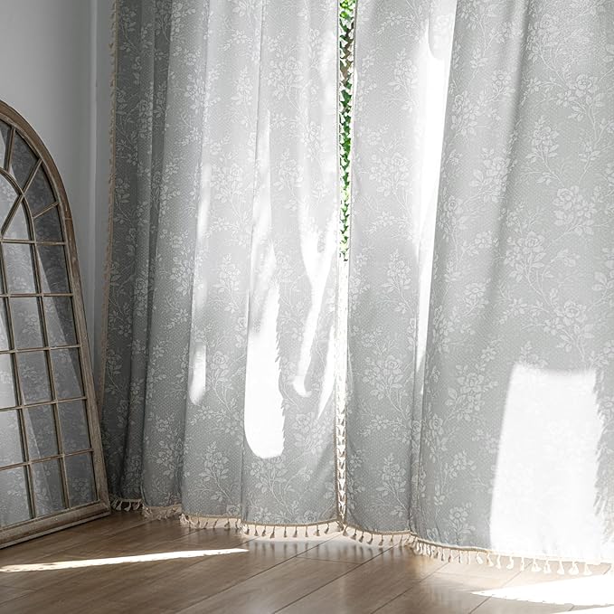 ENJOYBRIDAL Floral Curtains 96 Inches Long Grey Light Filtering Drapes Rod Pocket Bedroom Living Room Semi Sheer Window Curtains 2 Panel Sets Farmhouse Boho Cute Window Treatments