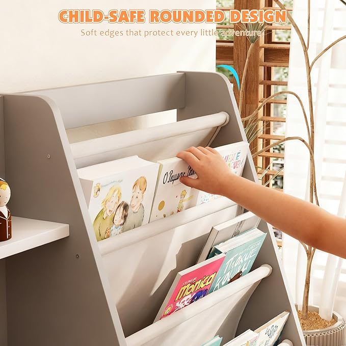 NACHES 4 Tier Kid Bookshelf Wooden 6 Sling Children Bookcase Toddler Montessori Bookcase Book Rack Display Toy Storage Organizer Book Display Shelf Stand Classroom Bedroom Nursery Playroom(Grey)