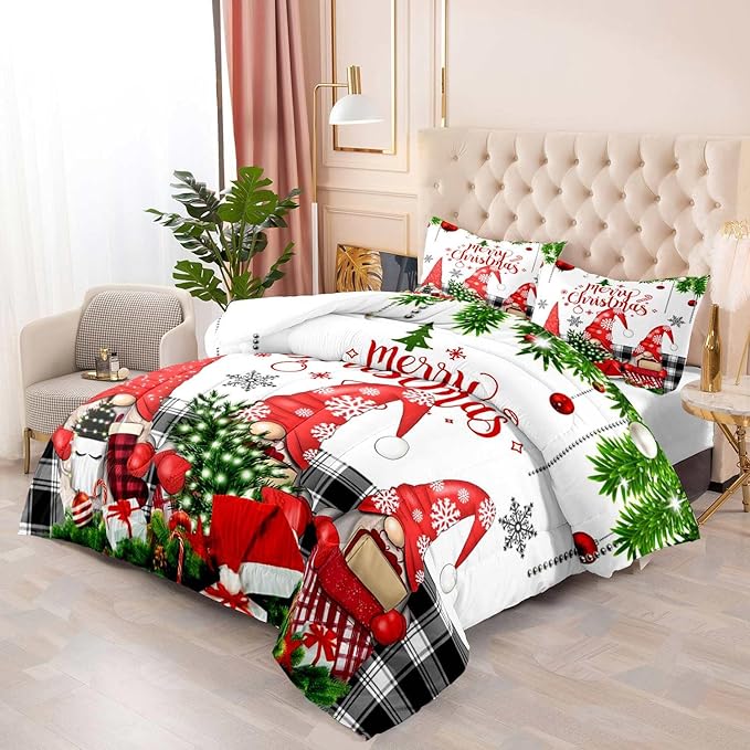 LUVIVIHOME 3PCS Christmas Comforter Set King Size, Funny Cute Gnome Bedding, Black & White Plaid Snowflake Xmas Merry Christmas Bedroom Decor for Kids Girls Boys Teens White Quilt, 2 Pillow Cases