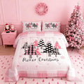 Manfei Merry Christmas Comforter Set Full Size, Pink Plaid Xmas Trees Bedding Set 3pcs, New Year Cartoon Down Comforter for All Season, Kids Girls Santa Claus Bedroom Decor, 2 Pillowcases, No Sheets