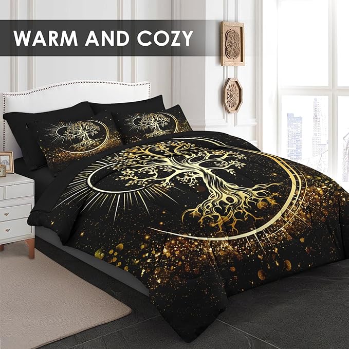 7 Pcs King Size Comforter Set with 2 Pillowcases & 2 Shams, Black Sun and Moon Bedding for Kids and Adults, Nature Tree of Life Bed in a Bag with Flat Fitted Sheet