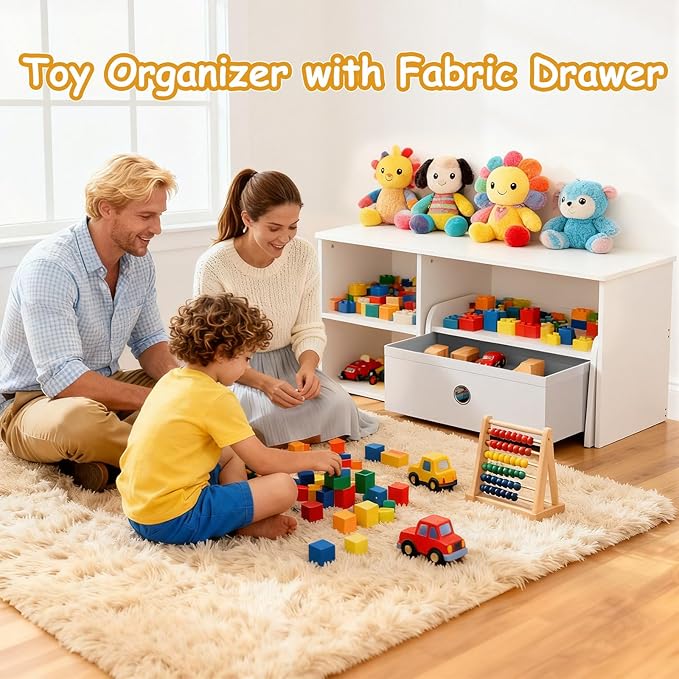 Kids Bookshelf with Bench, Toddler Table with Reading Nook, Montessori Shelf with Fabric Drawer, Toy Organizers and Storage for Kids Rooms, Nursery, Playroom, Bedroom, White