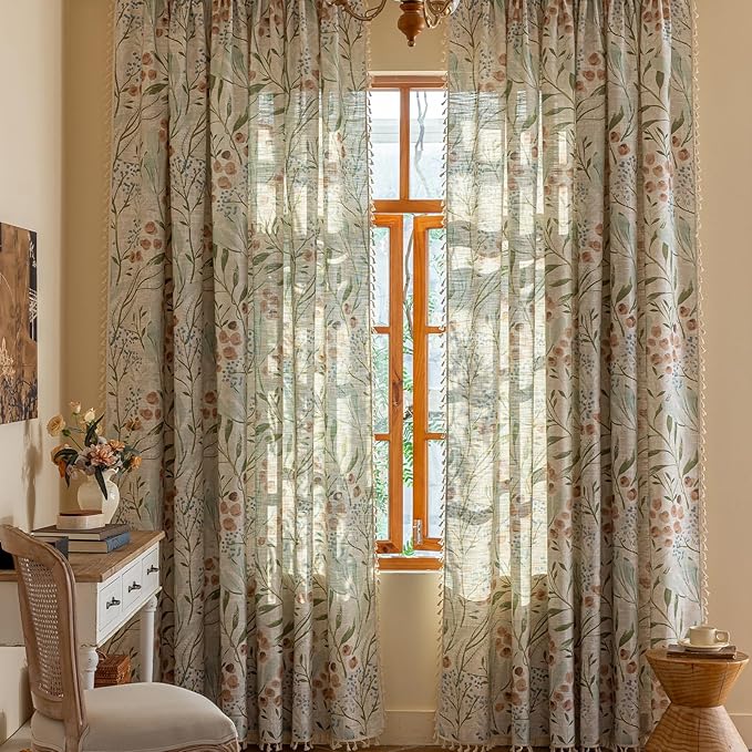 ENJOYBRIDAL Floral Curtains 63 Inch Long Bedroom Decor Drapes Short Semi Sheer Rod Pocket Living Room Window Curtain Panels Light Filtering Boho 4 Panels Tassel Vintage Window Treatments