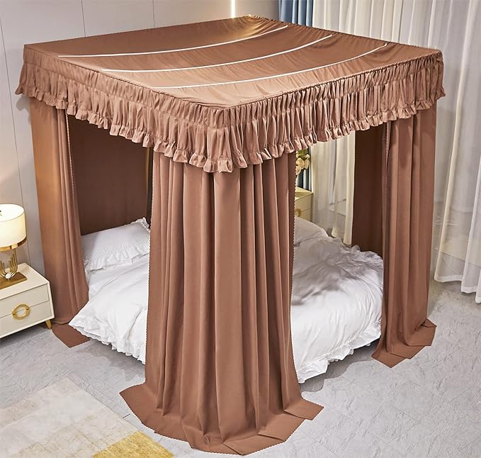VETHIN Elastic Roof Style Four Corner Post Princess Bed Canopy Curtains Cozy Breathable Tent Canopy Mosquito Net for Girls & Adults Bedroom Decoration (Brown, 70-78" W*86" L*82"*H/(King))