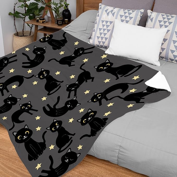 Thuswarm Cats and Stars in The Dark Flannel Throw Blanket Warm Cozy Soft Funny Print Blankets for Bed Couch Sofa Room Decoration Gifts 60”×50” Medium for Teen