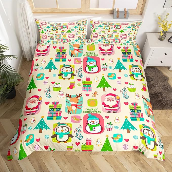 Christmas Comforter Cover Cartoon Santa Claus Snowman Flower Bedding Set Cute Penguin Deer Duvet Cover for Children Boys Girls Microfiber Gift Boxes Bedspread Cover Room Decor Bedclothes Twin Size