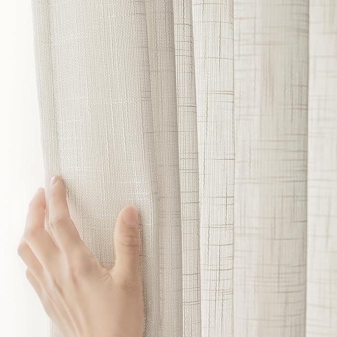 FMFUNCTEX Linen Semi Sheer Natural Curtains for Bedroom Living Room, Beige Curtain Panels 84 Inches Long Sheer Linen Textured Window Drapes Farmhouse Light Filtering 2 Panels Rod Pocket