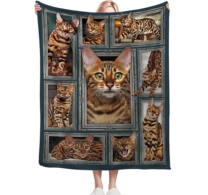 Jerkboo Bengal Cat Blanket, Multicolor, Flannel, Throw Blanket, 80"x60", Soft, Warm, Cute Cat Throw Blanket for Girls, Women, Kids, Adults