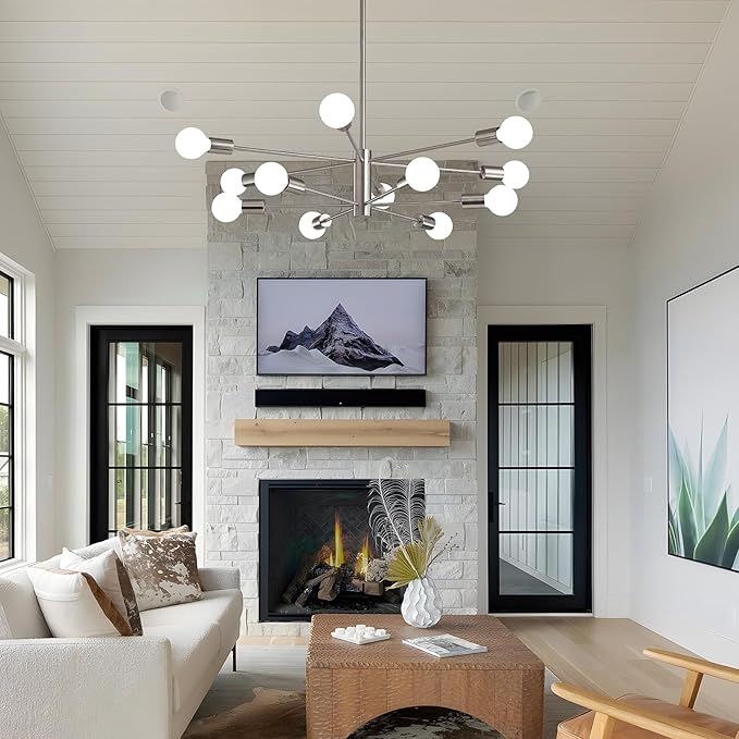 Modern Sputnik Chandeliers Light, 12 Lights Brushed Nickel Dining Room Chandelier Over Table, Height Adjustable Industrial Semi Flush Mount Mid Century Chandelier for Kitchen Island Living Room